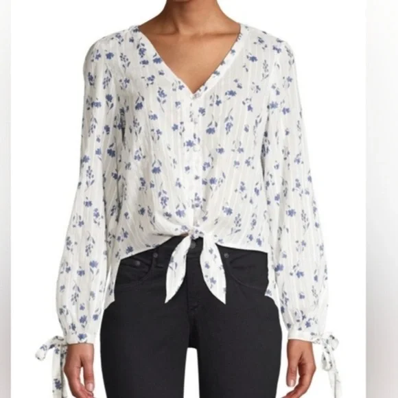 PARKER Payton Illusion Stripe Floral Blouse White Floral Coquette Cottagecore m - Picture 1 of 8